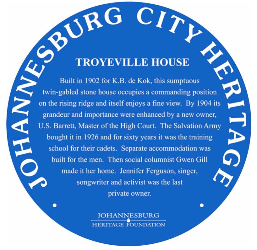 Troyeville House Blue Plaque - Johannesburg Heritage Foundation